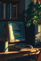 A computer monitor placed on a wooden desk