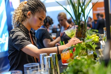 Bartender crafting cocktails at a lively event