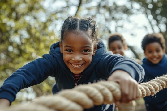 Children learning teamwork and physical skills by climbing a rope