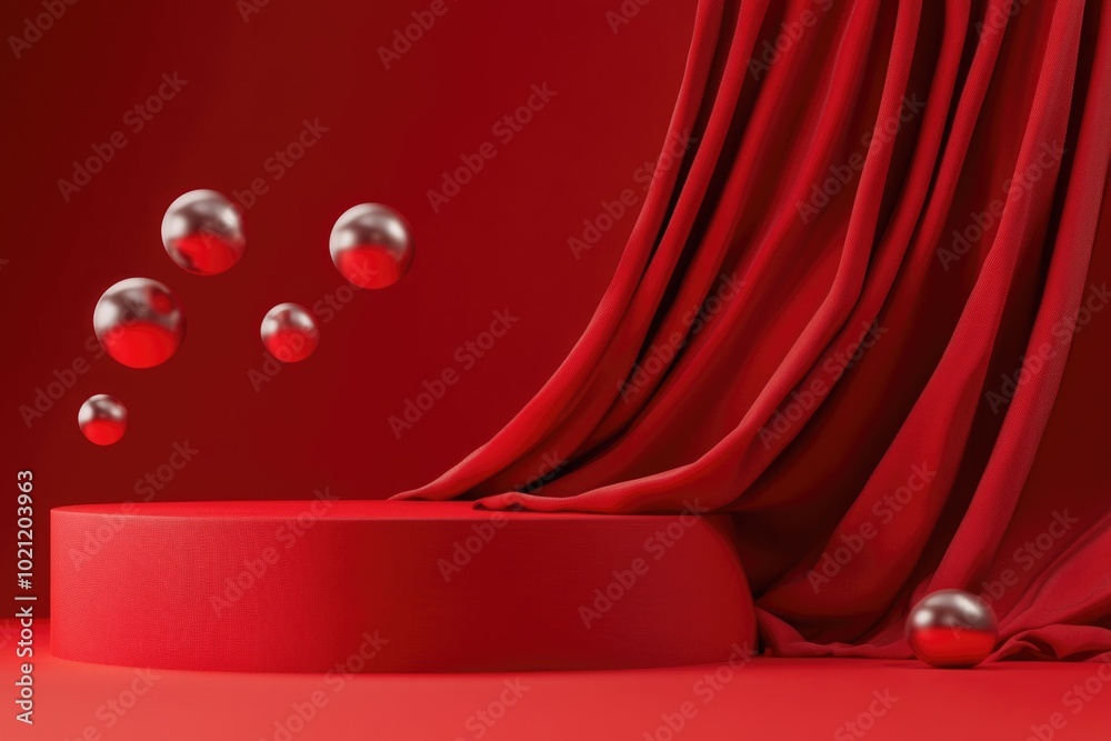 Poster A theatrical setting with a red stage and silver balls, suitable for use in event or performance-related contexts