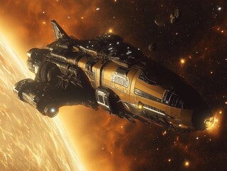 Futuristic spaceship navigating through the cosmos with glowing celestial backdrop.