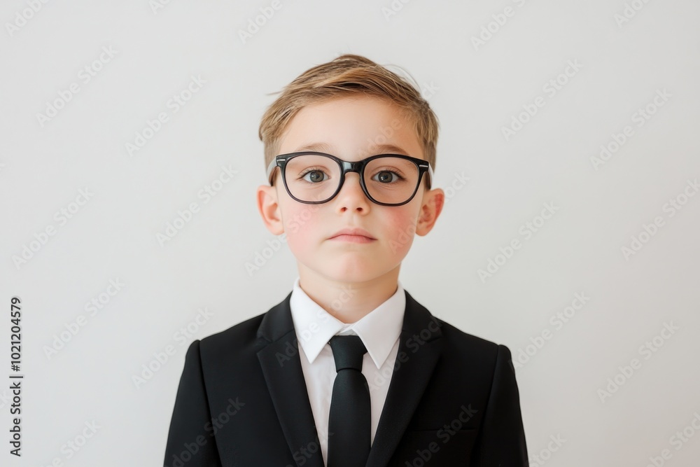 Poster A young boy wearing glasses and a suit, possibly on his way to school or work