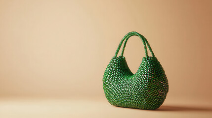 A stylish green beaded handbag showcased on a beige background, highlighting its intricate design and elegant curves, perfect for fashion lovers and trendsetters.