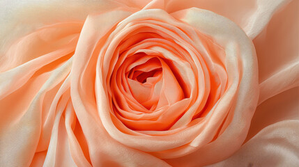 A close-up shot of peach-colored fabric folded artistically to resemble a blooming rose, highlighting the delicate textures and soft appearance of the material.