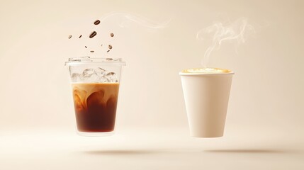 two floating coffee cups on light, neutral background, transparent plastic cup with iced coffee, white paper cup with hot coffee