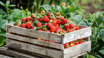 Abundant Harvest: Ripe Red Strawberries in Wooden Crate