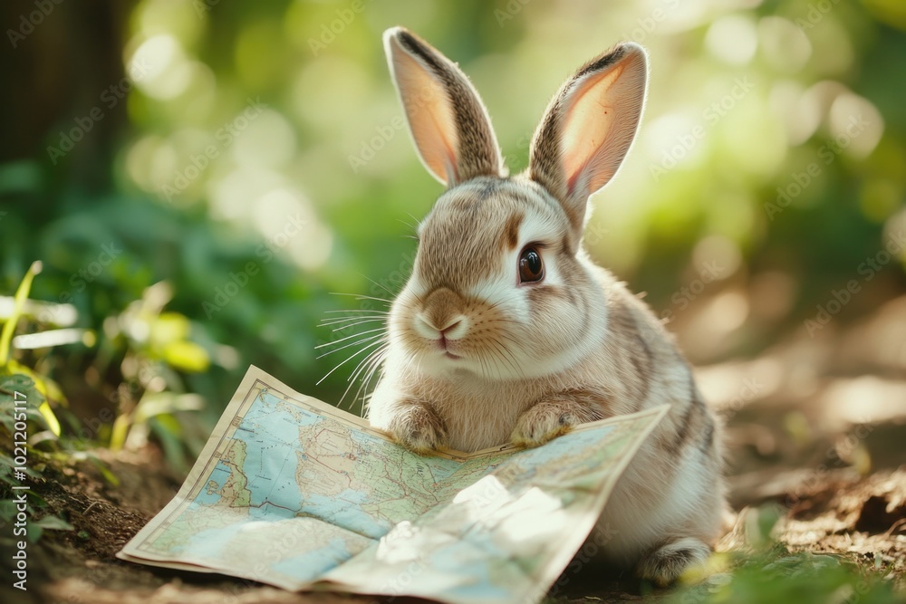 Poster a rabbit sits next to a map, possibly planning an adventure or navigating its surroundings