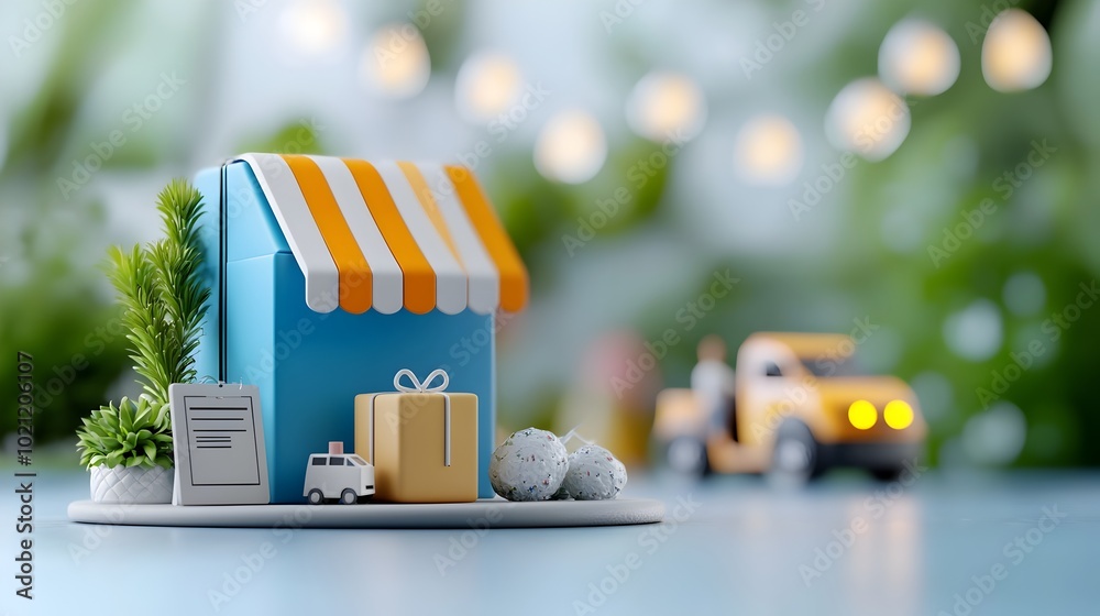 Fototapete Visually Appealing 3D of an Online Shopping E Commerce Store Featuring a Vibrant Digital Interface with Colorful Interactive Buttons Icons and Product Displays  Sleek