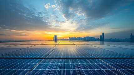 A Wide View of Solar Panels Against a City Skyline During a Sunset