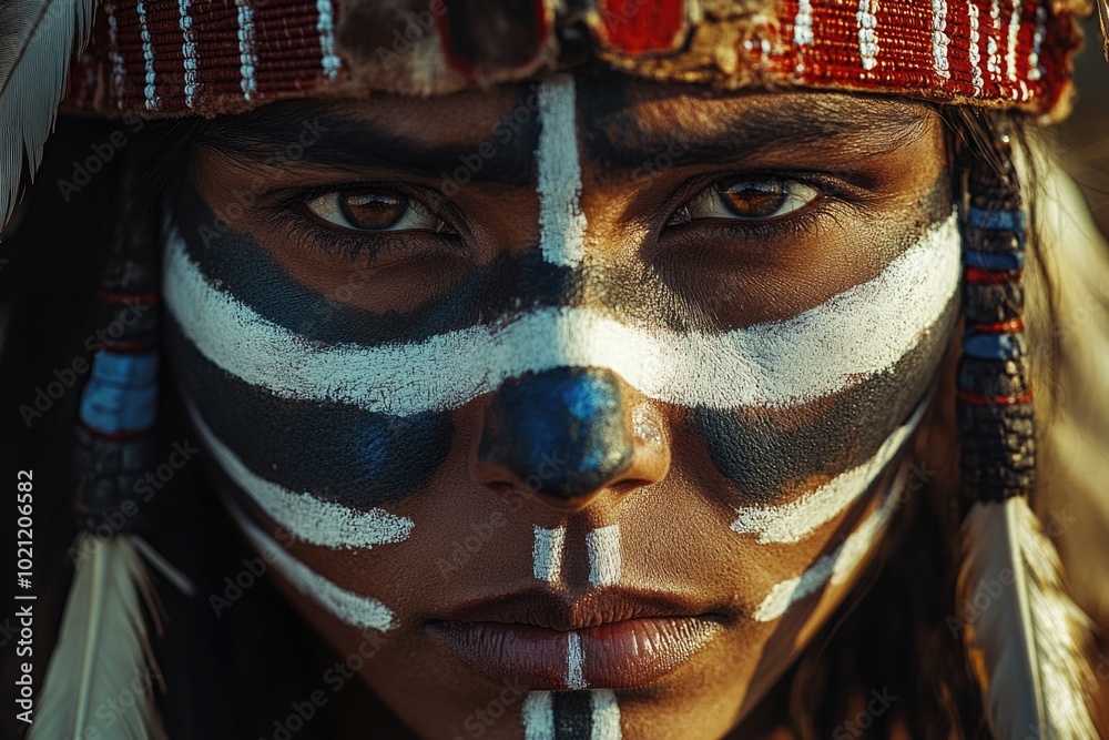 Poster a close-up shot of a person with a colorful painted face, suitable for use in creative projects or a