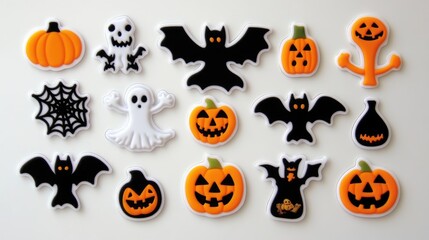 A colorful and cute collection of Halloween stickers, featuring enchanting designs, displayed neatly on a bright white background for a cheerful effect.