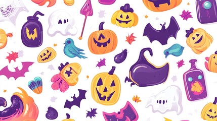 Fototapeta premium A colorful and cute collection of Halloween stickers, featuring enchanting designs, displayed neatly on a bright white background for a cheerful effect.