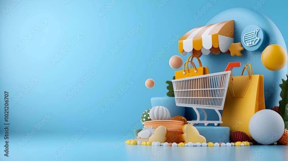 Poster Futuristic digital composition depicting an abstract 3D arrangement showcasing the elements of a modern online shopping journey including a floating shopping cart search bar and transaction icons