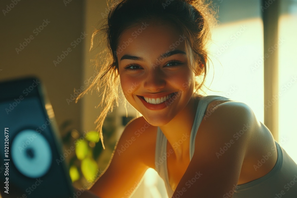 Poster a woman smiling while looking at a tablet computer