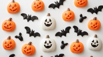 A creative composition of cute Halloween stickers, like smiling jack-o'-lanterns and happy bats, arranged in a grid pattern on a white background.