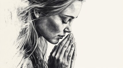 A woman is seen praying in a simple yet powerful pose, depicted in black and white