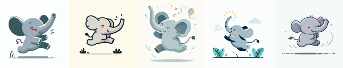 vector set of cute elephants jumping with a simple and minimalist flat design style