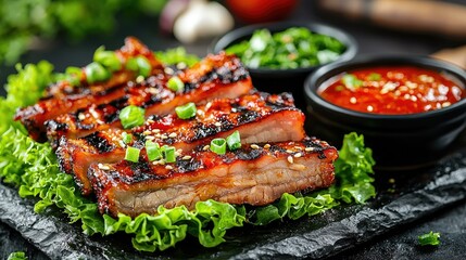 Delicious grilled pork belly slices served with fresh lettuce wraps and a spicy dipping sauce, perfect for Korean barbecue lovers seeking a flavorful culinary experience.