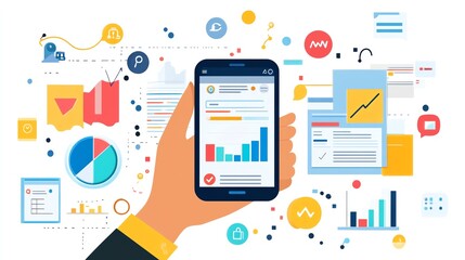 Hand holding a phone displaying search ranking changes over time, surrounded by digital marketing materials, track search rankings, mobile SEO tracking