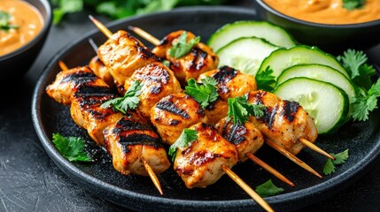 Indulge in delicious grilled chicken satay skewers served with a rich peanut sauce and a refreshing cucumber relish, the perfect Thai appetizer for any occasion.