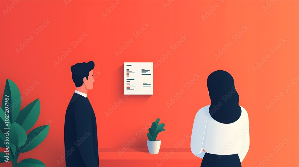 Poster Dynamic business analysis with a team collaborating around data visualization dashboards in a minimalist isometric scene with clean geometric forms