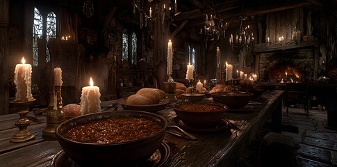 Fototapeta premium Medieval Feast in a dimly lit, candlelit hall
