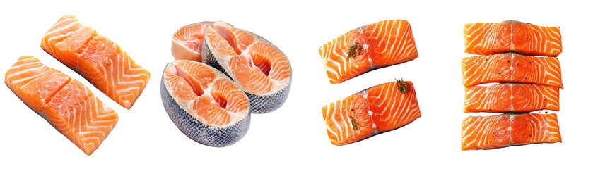 Fresh raw salmon fillet steak slices set isolated Png, transparent without background.