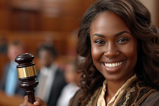 Portrait of a female judge beaming in a courtroom