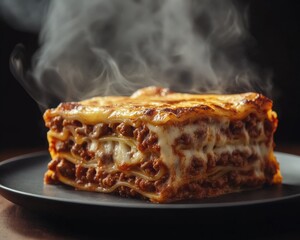 Steaming hot lasagna with layers of pasta, meat, and melted cheese on a dark plate.