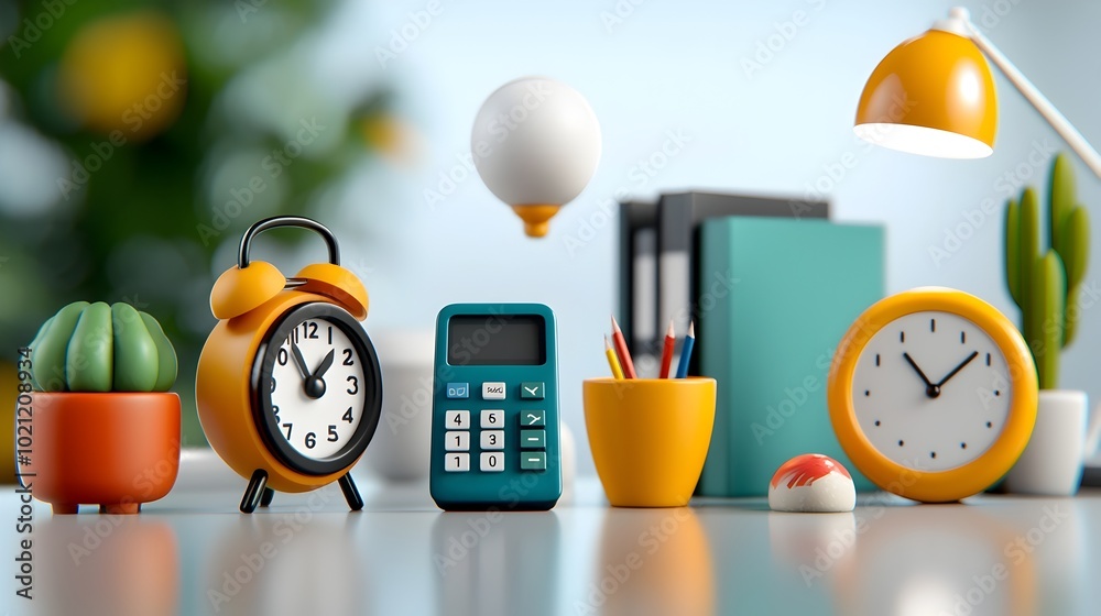 Aufkleber whimsical 3d art set featuring a colorful and stylized collection of office icons including a calcul