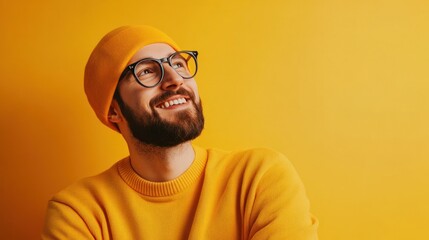 A creative director designing a marketing campaign, with a bright yellow background that emphasizes creativity and optimism