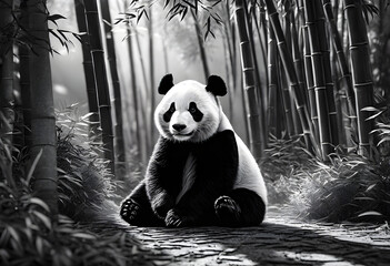 A panda is eating bamboo under a tree in the forest. The black and white color of its fur stands...