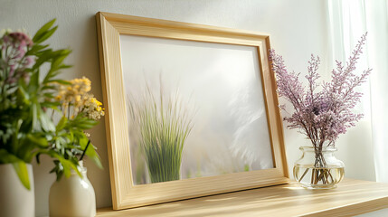 Fototapeta premium A Wooden Frame Encloses a Photograph of Tall Green Grass with a Blurred Background, Sitting on a Shelf with a Vase of Purple Flowers in Front of It