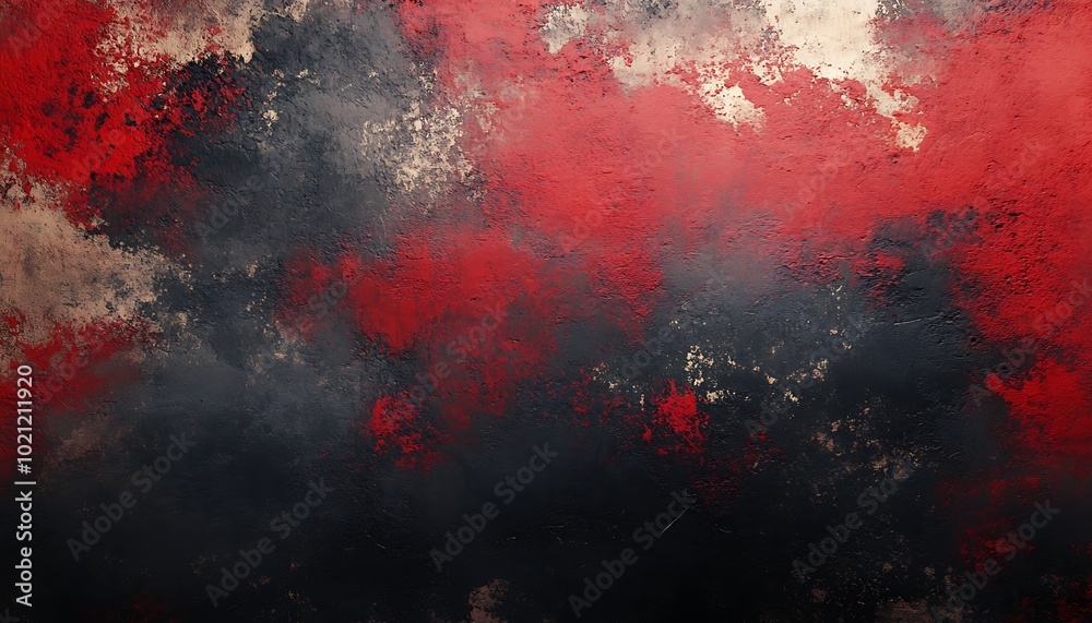 Poster an abstract artwork featuring dynamic strokes of red, black, and gray, creating a dramatic and emoti