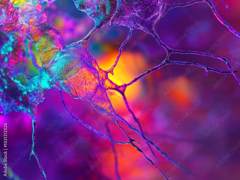 Wall mural microscopic view of a neural network, vibrant colors and intricate structure, abstract science backg