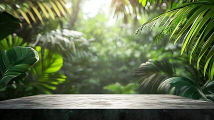  Tabletop on jungle background for product presentation. Empty black concrete countertop outdoors in forest. Cosmetic or bar store podium mockup. 