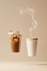 two floating coffee cups on light, neutral background, transparent plastic cup with iced coffee, white paper cup with hot coffee