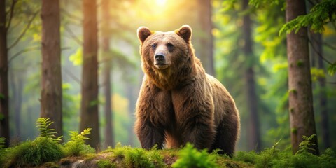 Obraz premium A large brown bear stands on a moss-covered bank, its fur shimmering in the dappled sunlight of the dense forest
