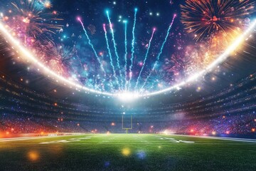 A vibrant stadium scene with colorful fireworks illuminating the night sky, celebrating a thrilling sports event.