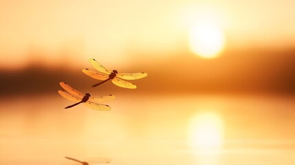 Fototapeta premium Enchanting Dragonflies Dancing Over a Serene Pond - Captivating Summer Afternoon Reflection in Tranquil Waters