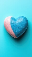 Obraz premium A colorful heart-shaped rock features a striking design, with one half painted in soft pink and the other half in bright blue. It rests against a smooth turquoise surface, creating a cheerful and arti