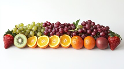 A vibrant assortment of fresh fruits including grapes, oranges, kiwi, and strawberries on a white background.