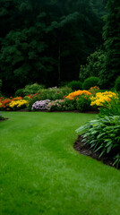 Obraz premium Well maintained lawn is surrounded by a colorful garden filled with blooming flowers, creating a picturesque scene of natural beauty