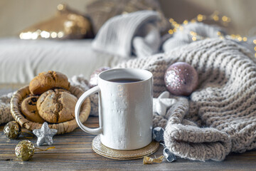 Christmas atmospheric composition with coffee and cookies.