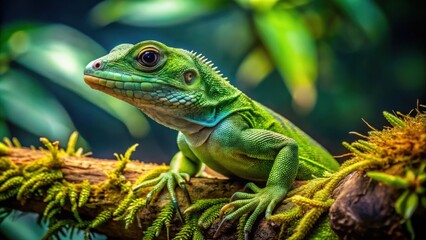 A Vibrant Green Lizard Perched on a Moss-Covered Branch, Its Bright Eyes Focused on the Horizon