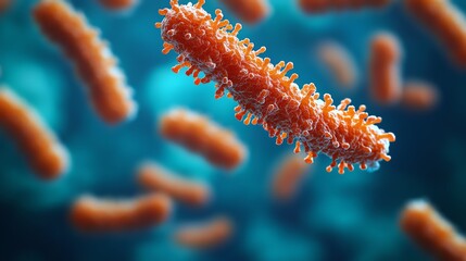 Fototapeta premium Microscopic view of the rabies virus against a blue medical background, rabies virus, pathogen visualized