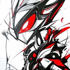A stylized robot character with red and black accents, showcasing dynamic lines and design.