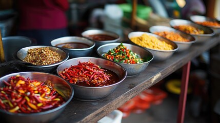 Obraz premium Colorful Spices and Sauces in Traditional Bowls