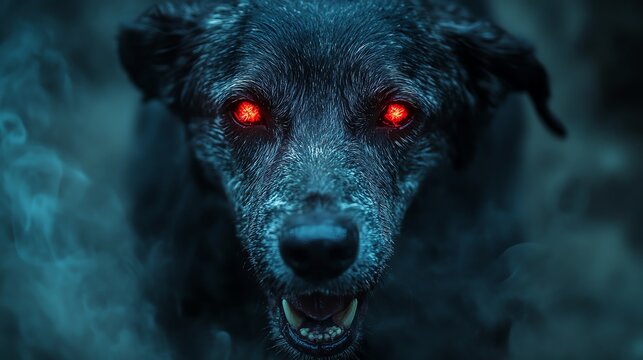 Symptomatic rabid dog isolated in a dark background, with glowing red eyes and foaming mouth, rabies disease, dangerous animal behavior