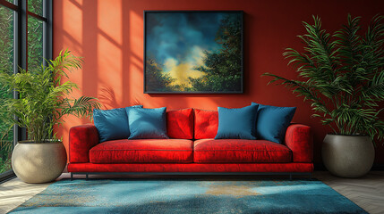 Red Sofa Living Room:  A modern living room with a red sofa, blue pillows, and a large painting on the wall. The room is bathed in natural light streaming through a window.